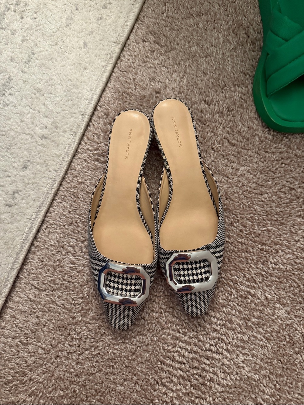 Ann Taylor Black & White Houndstooth Pointed Kitten Heel Mule with Silver Buckle